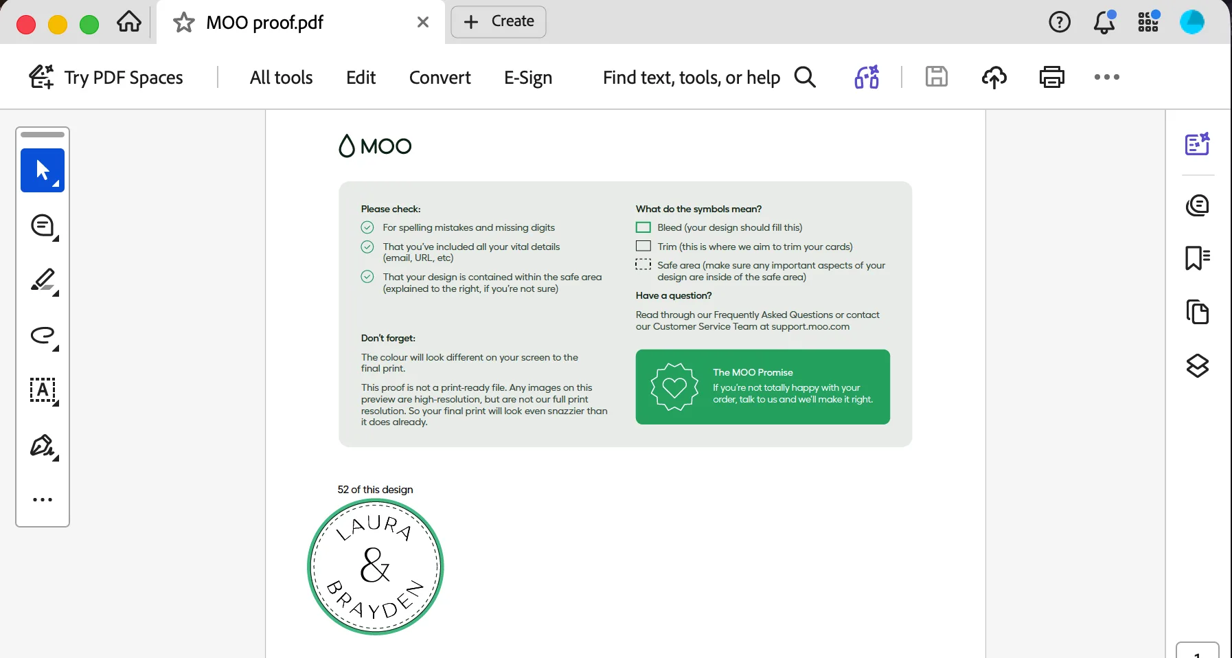 MOO PDF proof opened in Adobe Acrobat showing the Mistral round sticker with arched text displaying correctly, no black blocks