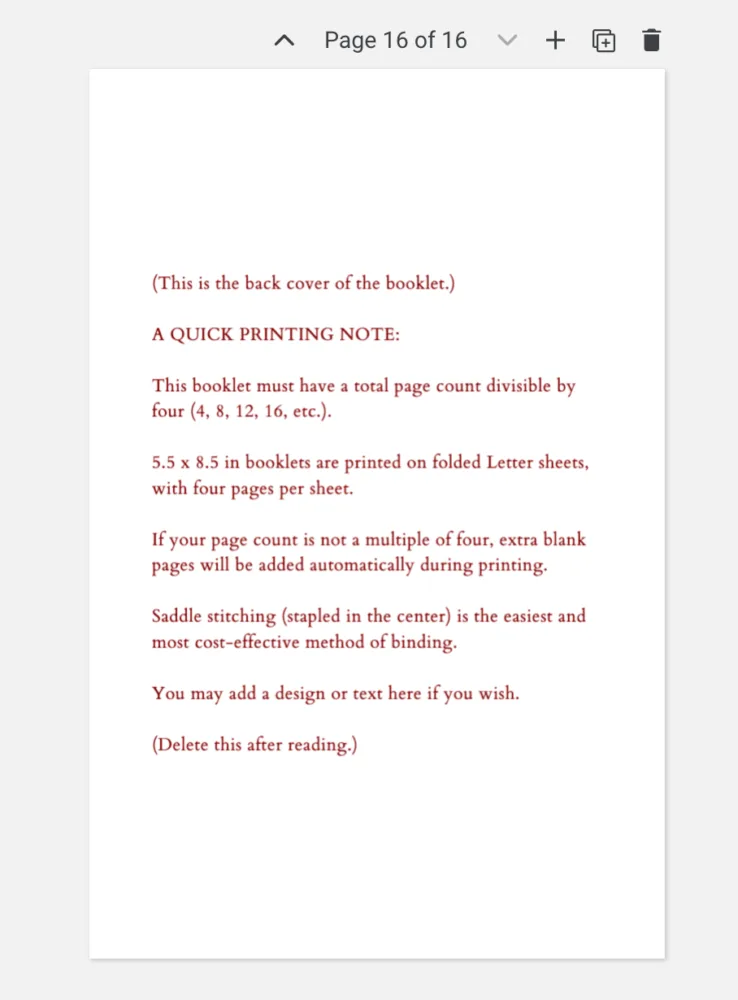 Page 16 back cover of a Catholic wedding mass booklet template in Templett showing page count and printing instructions to delete before exporting