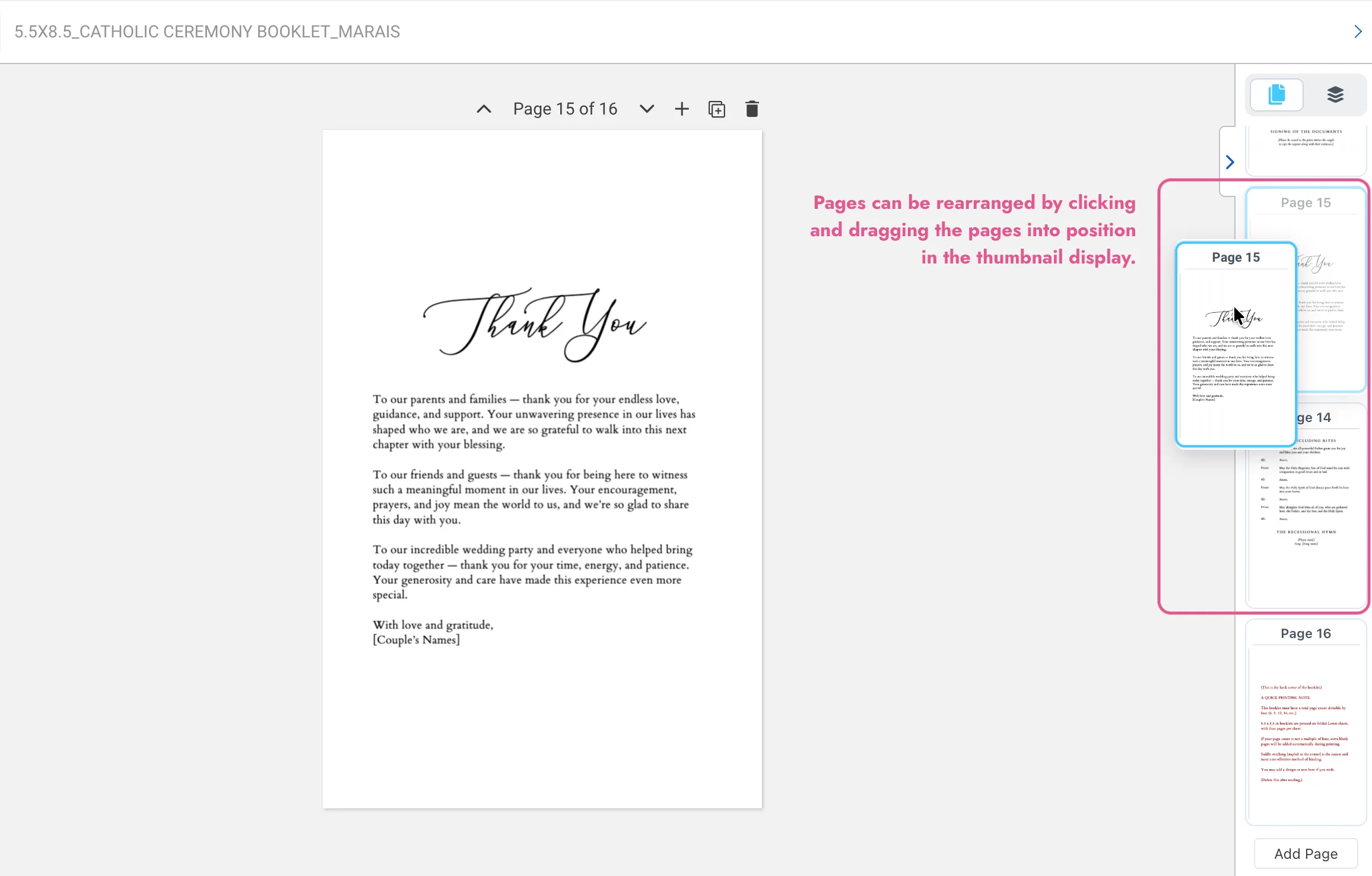 Screenshot of Templett showing a page being clicked and dragged into a new position in the thumbnail panel, with an annotation explaining the rearranging process.