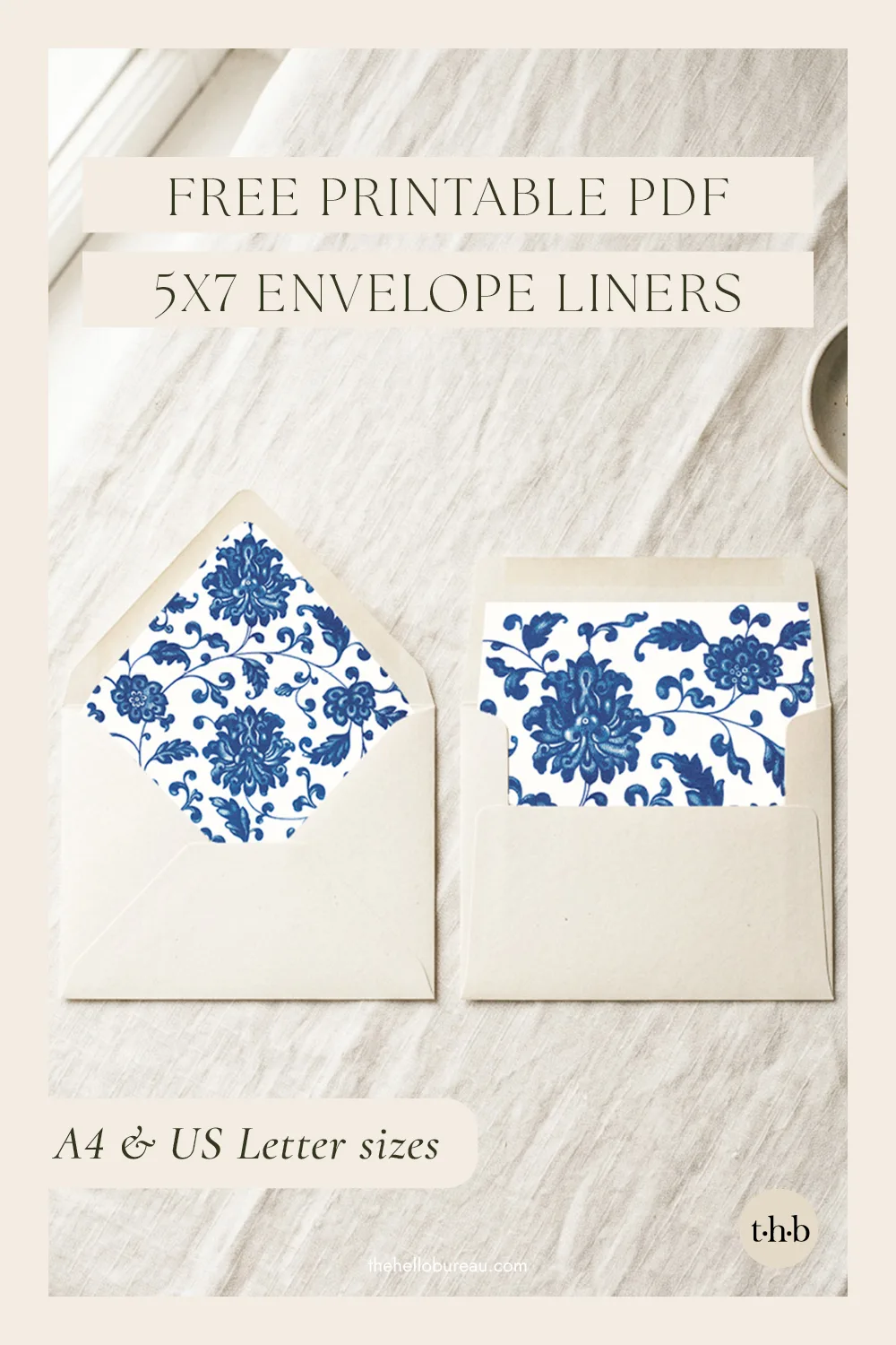 Free printable envelope liner template in A4 and US Letter PDF. Blue chinoiserie design.