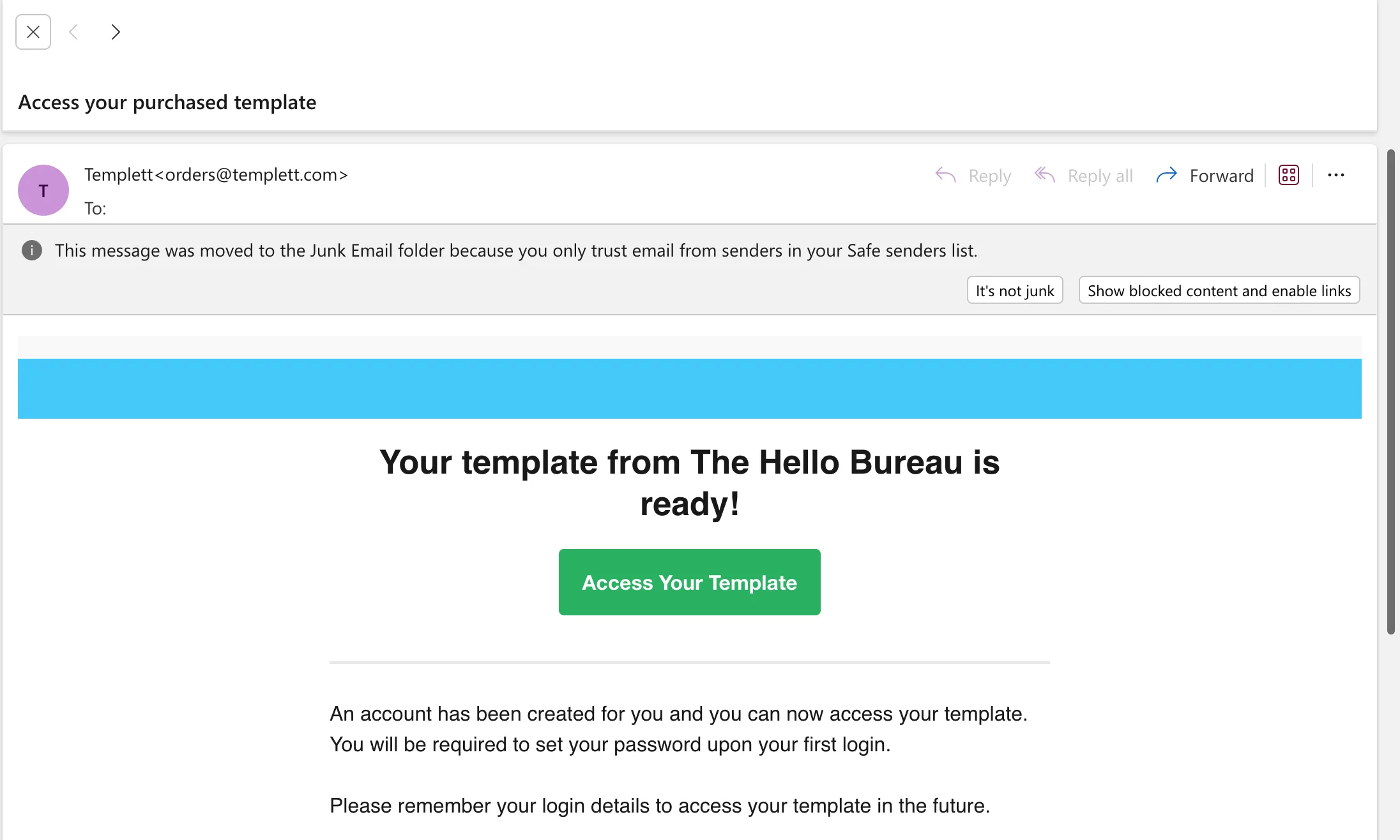 A screenshot depicting the access link button from a Templett email.