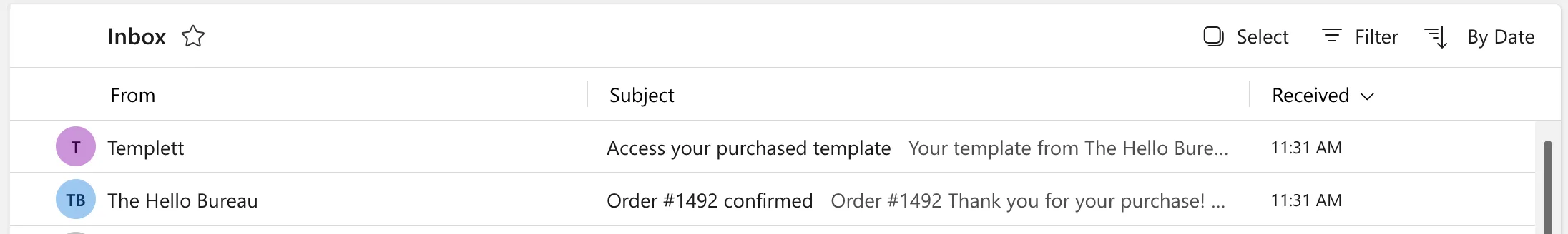 A screenshot of Templett access emails in an inbox.