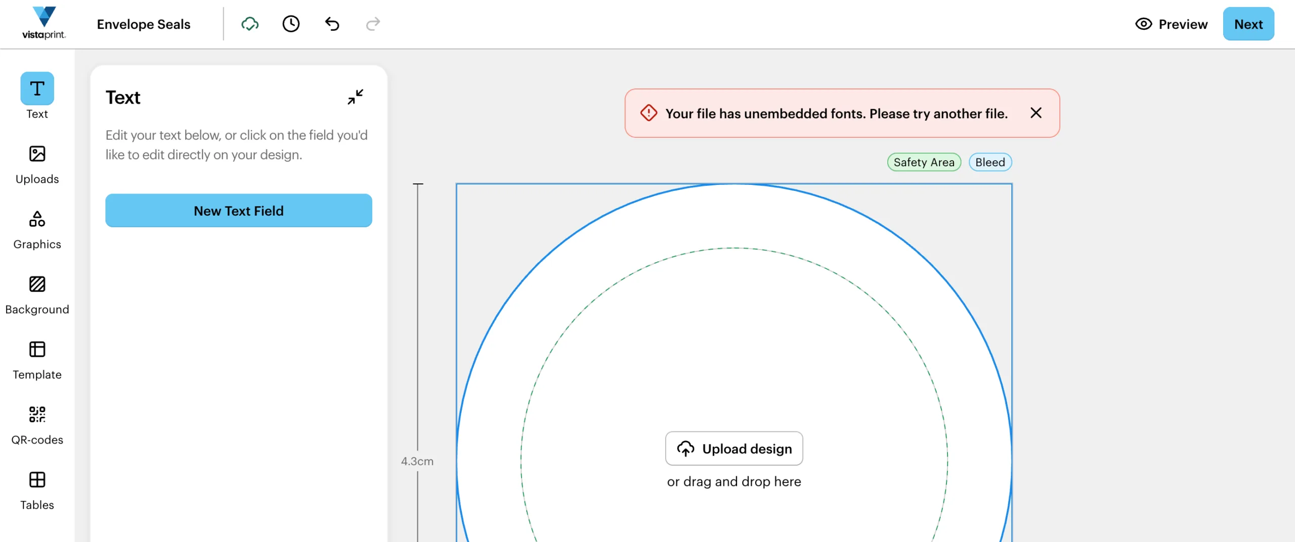 Vistaprint upload screen showing a red error message reading 'Your file has unembedded fonts. Please try another file.