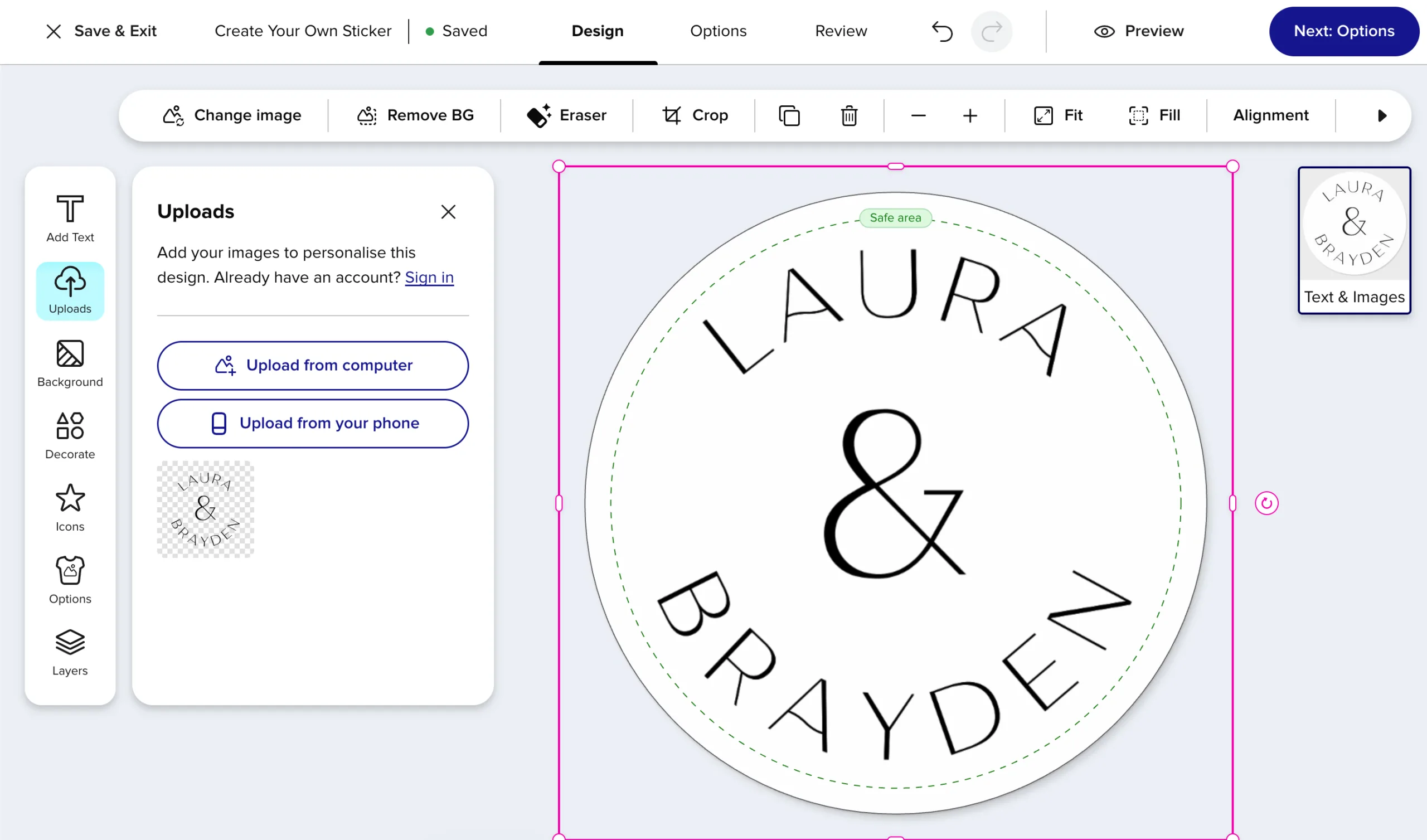 Zazzle upload screen showing the Mistral sticker design with arched text displaying correctly after uploading the PDF