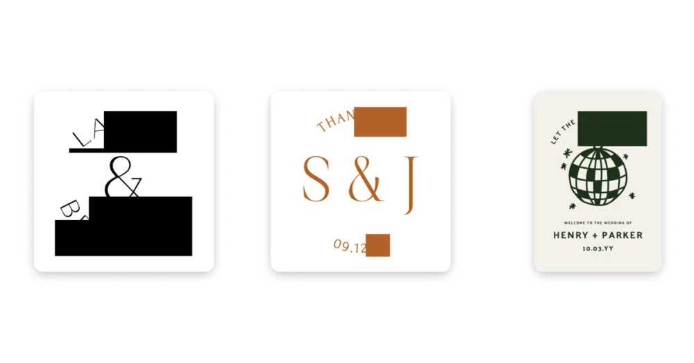 Three template PDF thumbnails showing black and coloured blocks replacing the arched text.