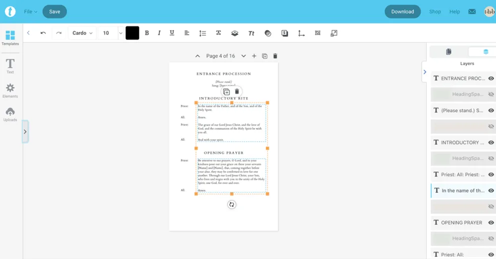 How to edit a Catholic wedding mass booklet template in Templett showing layers panel and text editing tools