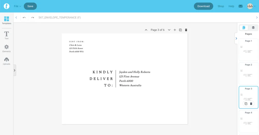 How to edit an invitation envelope address template in Templett showing pages panel and text editing tools