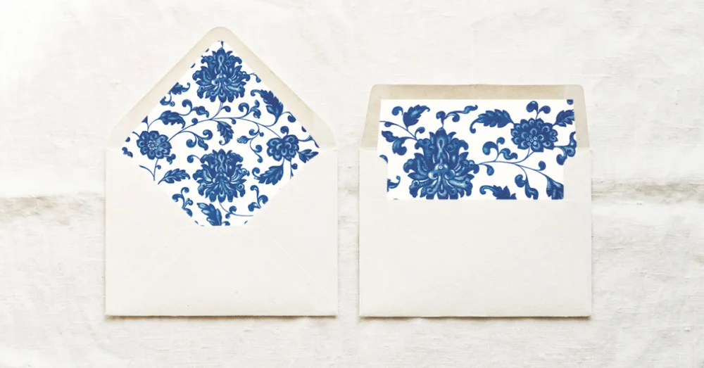 Free printable blue chinoiserie envelope liner template for 5x7 envelopes