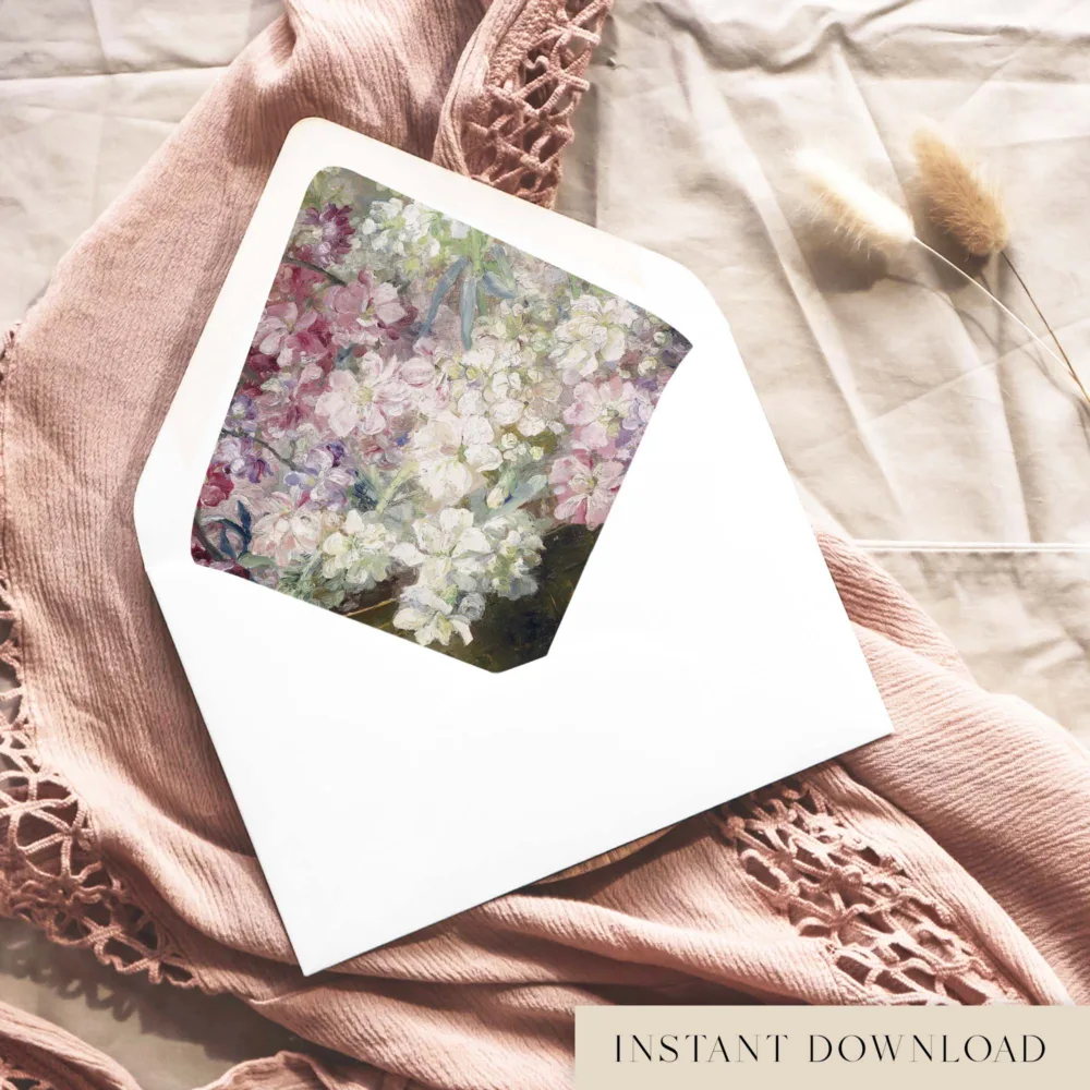 Pink and white floral printable envelope liner template for wedding invitations
