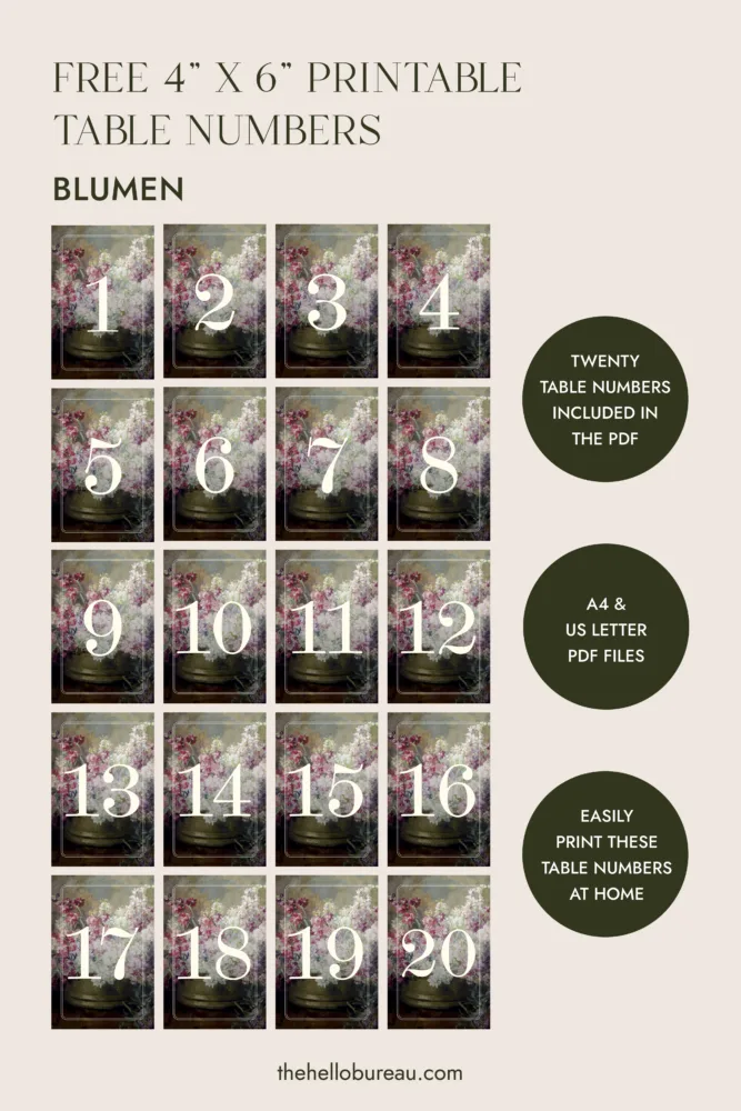Free printable Blumen table numbers from The Hello Bureau. 1 to 20 — 4x6 inch PDF, A4 and US Letter available