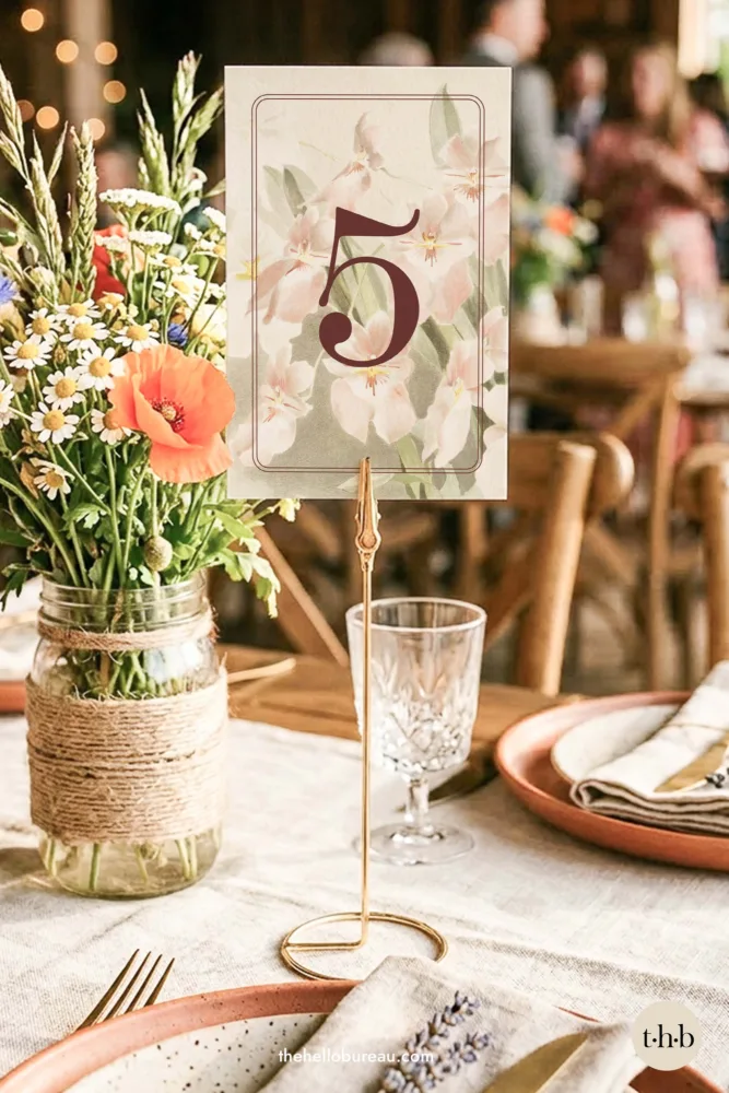 Victorian botanical orchid table number on a gold stand, styled on a rustic garden party wedding table with wildflowers