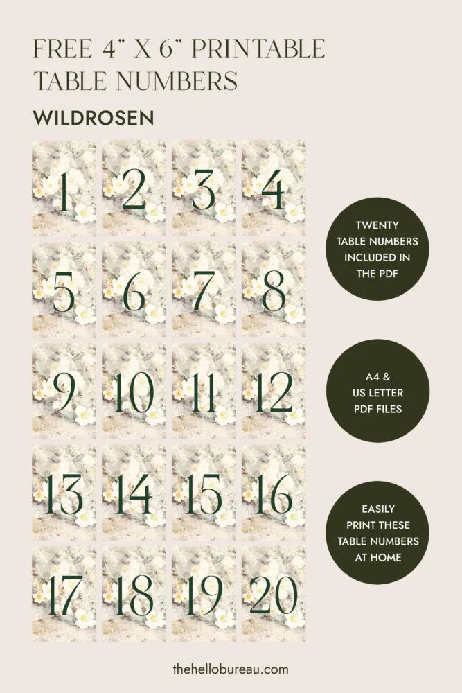 Free printable Wildrosen table numbers 1 to 20 from The Hello Bureau. Vintage wild rose fine art design, print at home PDF