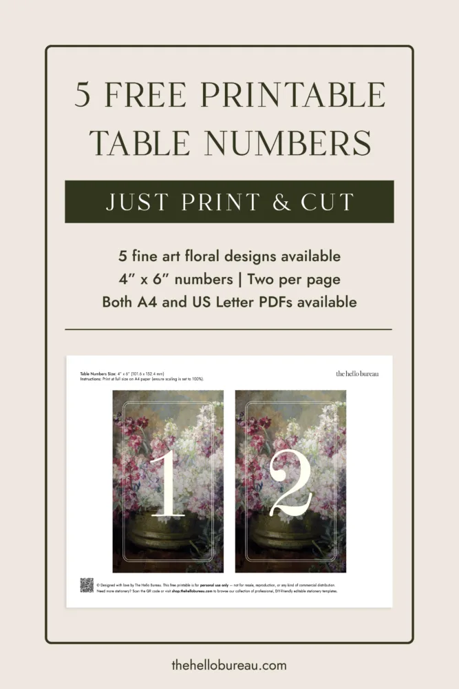 Free printable fine art table numbers PDF preview. 4x6 inch, A4 and US Letter formats available