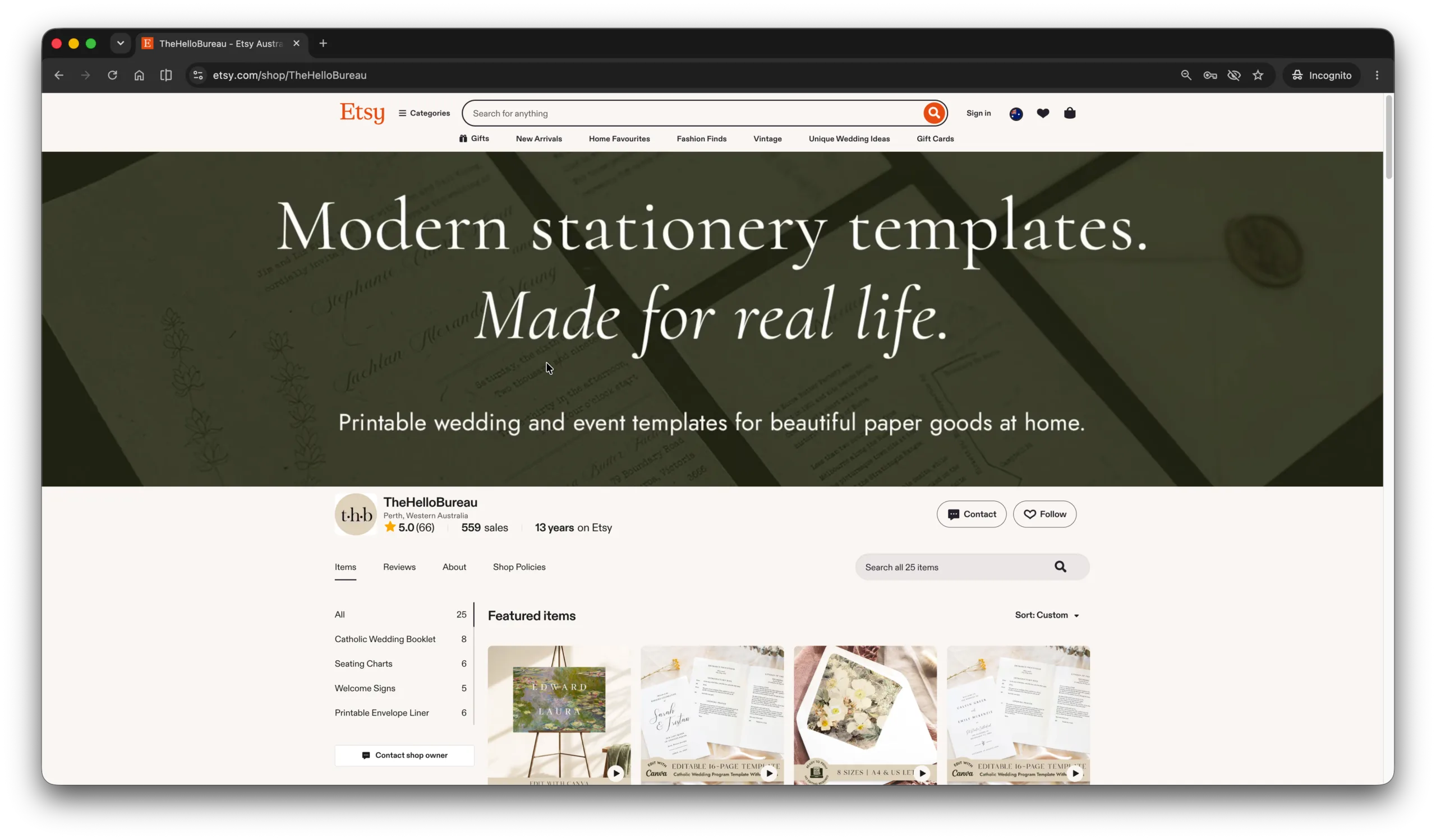 A screenshot of The Hello Bureau on Etsy's shopfront.