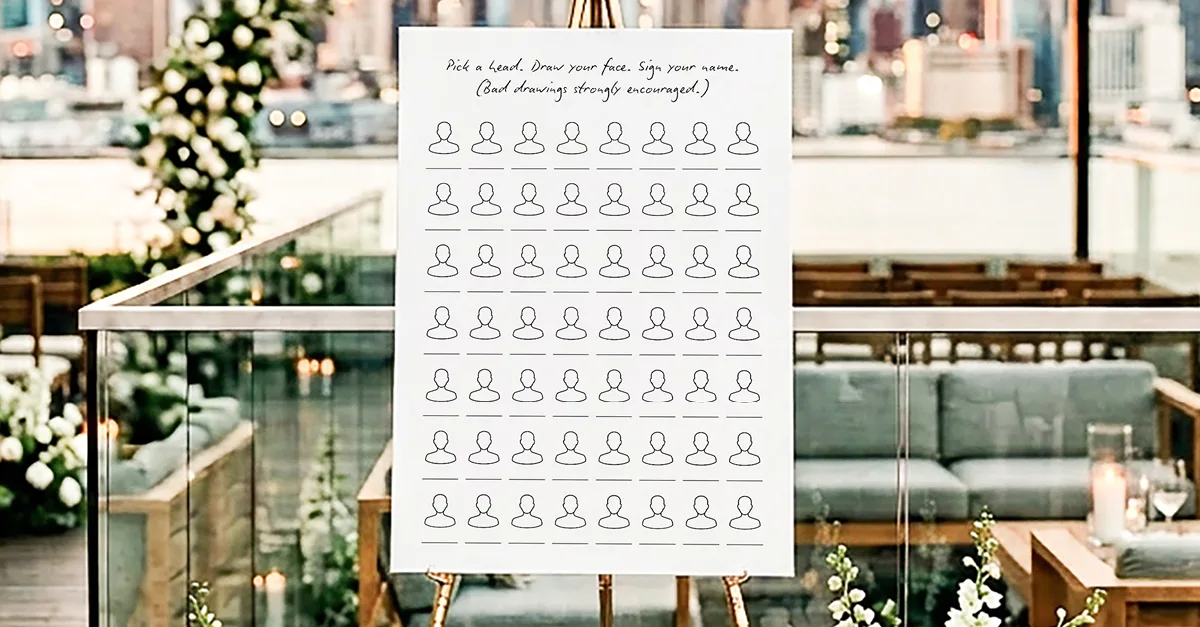 Draw Your Face Guestbook sign template displayed on an easel at a wedding reception, with rows of blank head outlines for guests to draw themselves and sign their name.