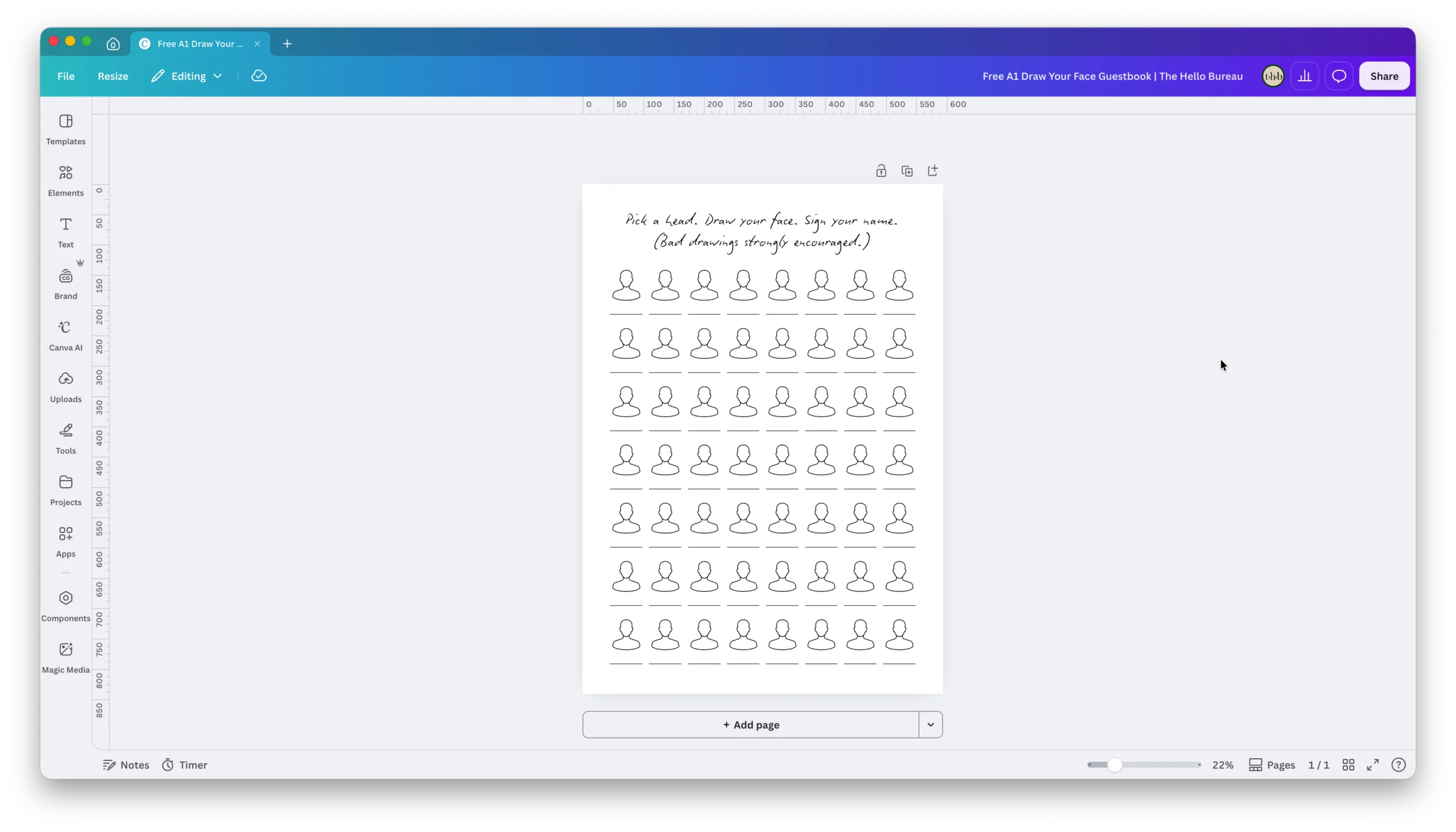 Screenshot of the Draw Your Face Guestbook template open in Canva, showing rows of blank head outlines ready to be customised