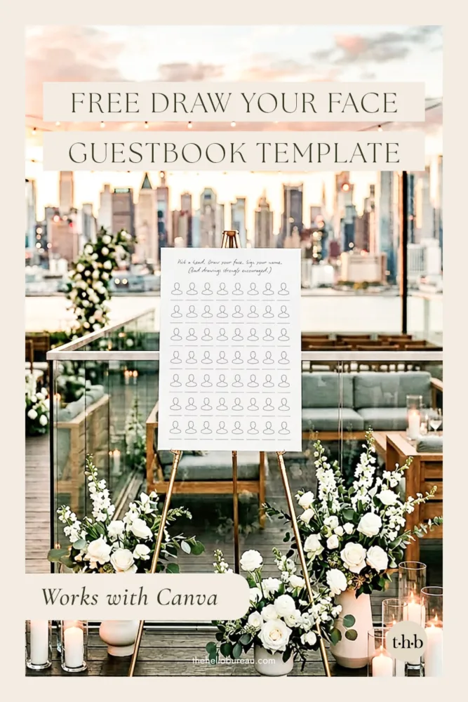 Free Draw Your Face Guestbook sign on an easel at an outdoor wedding reception with a city skyline and white floral arrangements, with text noting it works with Canva