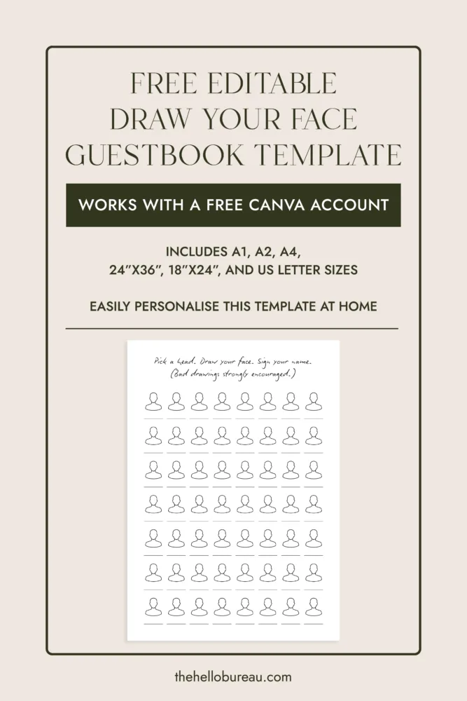 Free editable Draw Yourself Guestbook template shown with size options including A1, A2, A4, 24x36, 18x24 and US Letter, personalise at home with a free Canva account