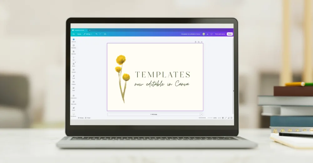 Laptop screen showing a Canva design that reads 'Templates now editable in Canva,' with a hand-painted billy buttons illustration.
