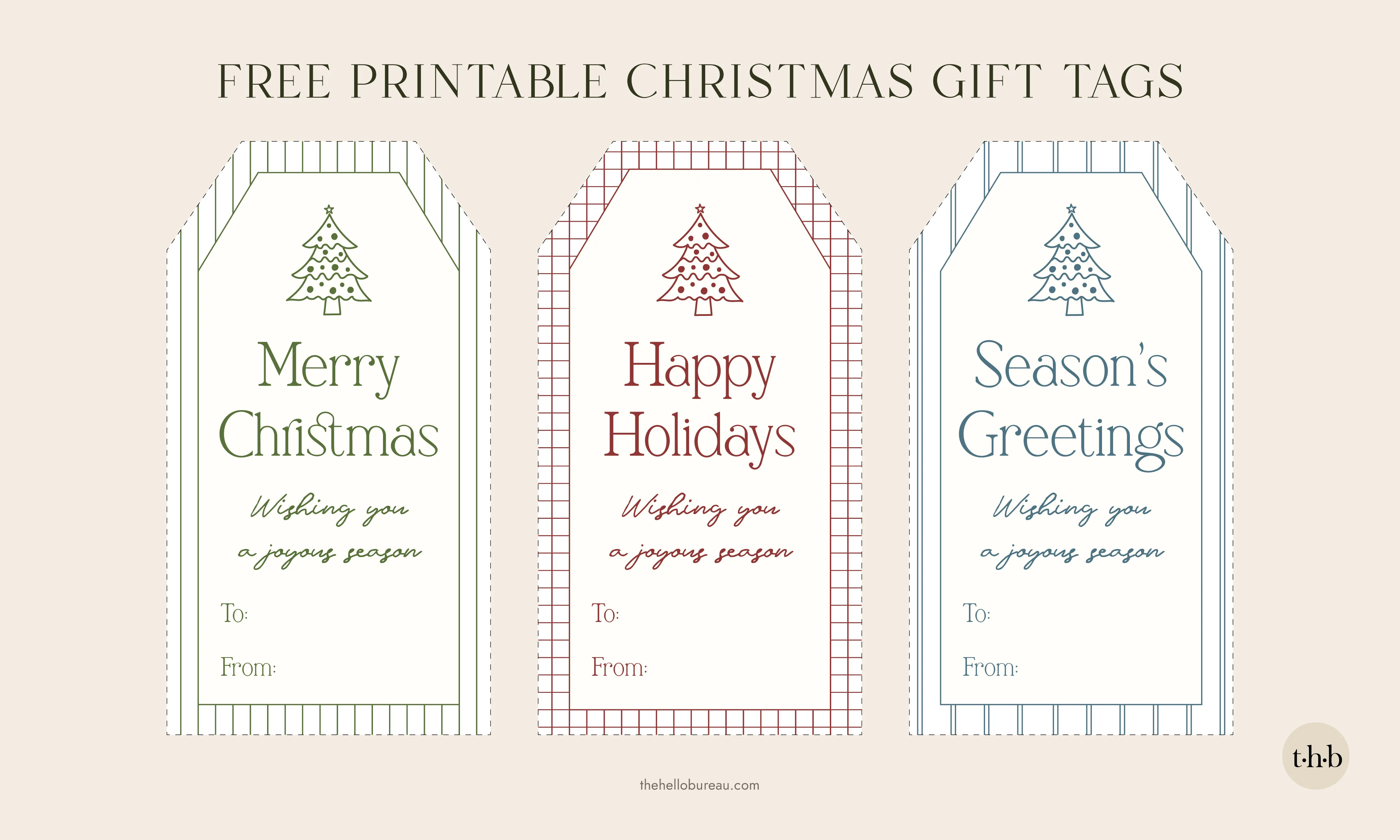Free printable Christmas gift tags in modern classic green, red, and blue designs