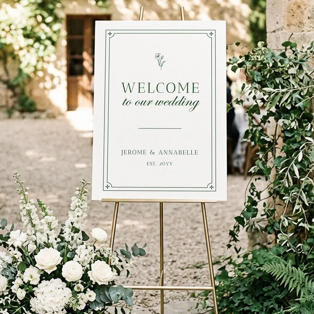 French garden style wedding welcome sign on an easel in an outdoor garden setting