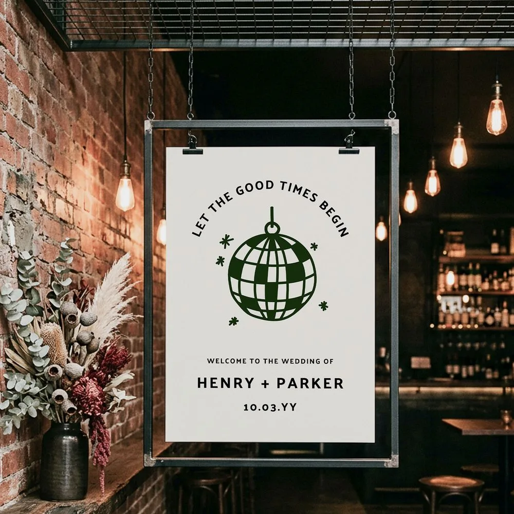 Fun wedding welcome sign with illustrated disco ball in a bar setting