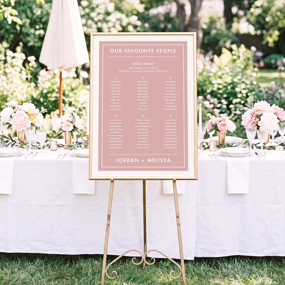 Pink six-table seating chart with a white border on a gold easel in an outdoor garden setting