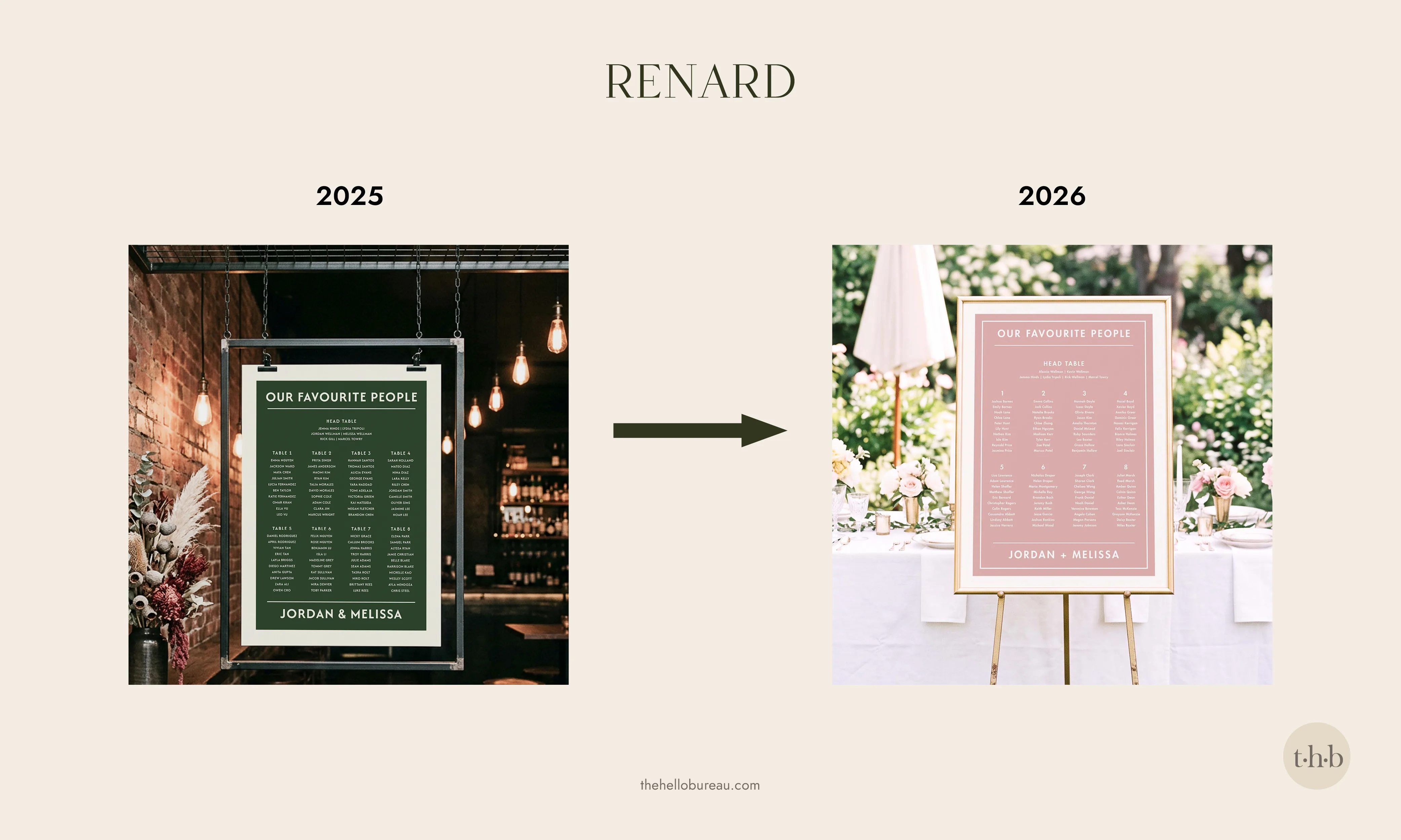 Before and after of the Renard seating chart design, showing a colour change from dark green to dusty pink with a new inner border.