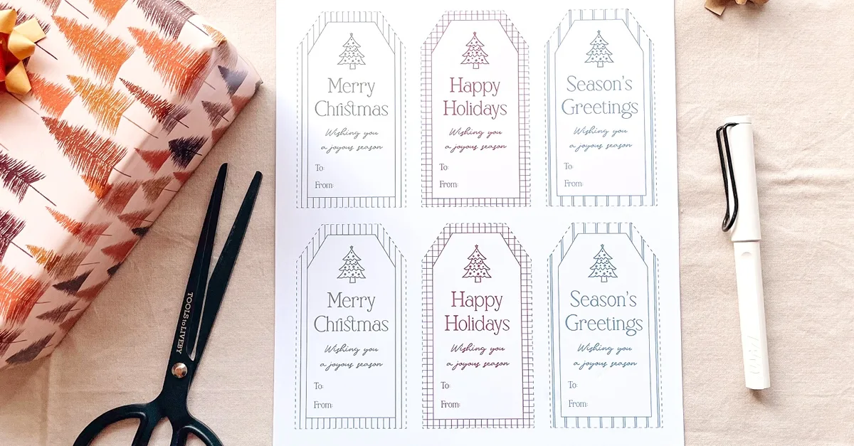 Printable Christmas gift tag sheet in green, red, and blue designs