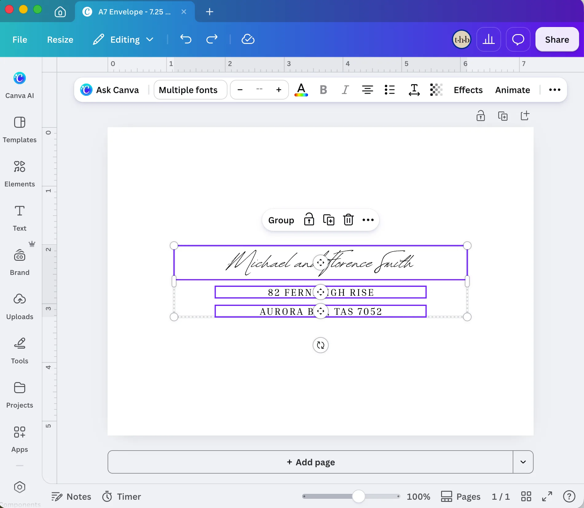 An envelope template open in Canva ready for bulk addressing.