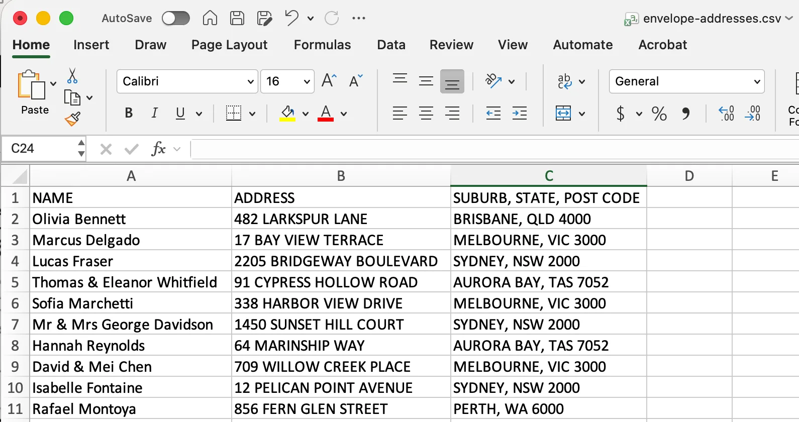 Excel spreadsheet named with NAME, ADDRESS, and SUBURB, STATE, POST CODE columns filled with ten guest entries.