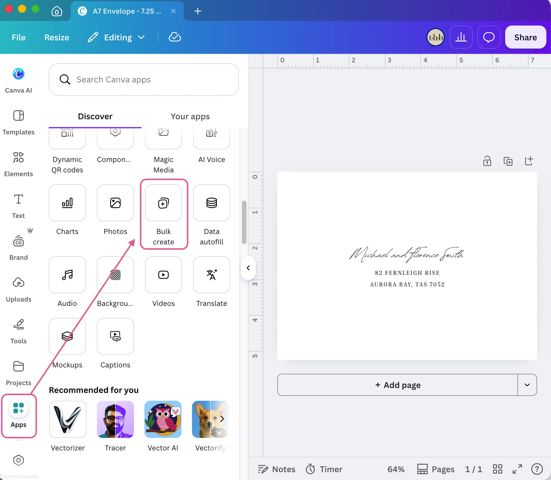 Canva editor with the Apps panel open and the Bulk create app highlighted beside an A7 envelope template.