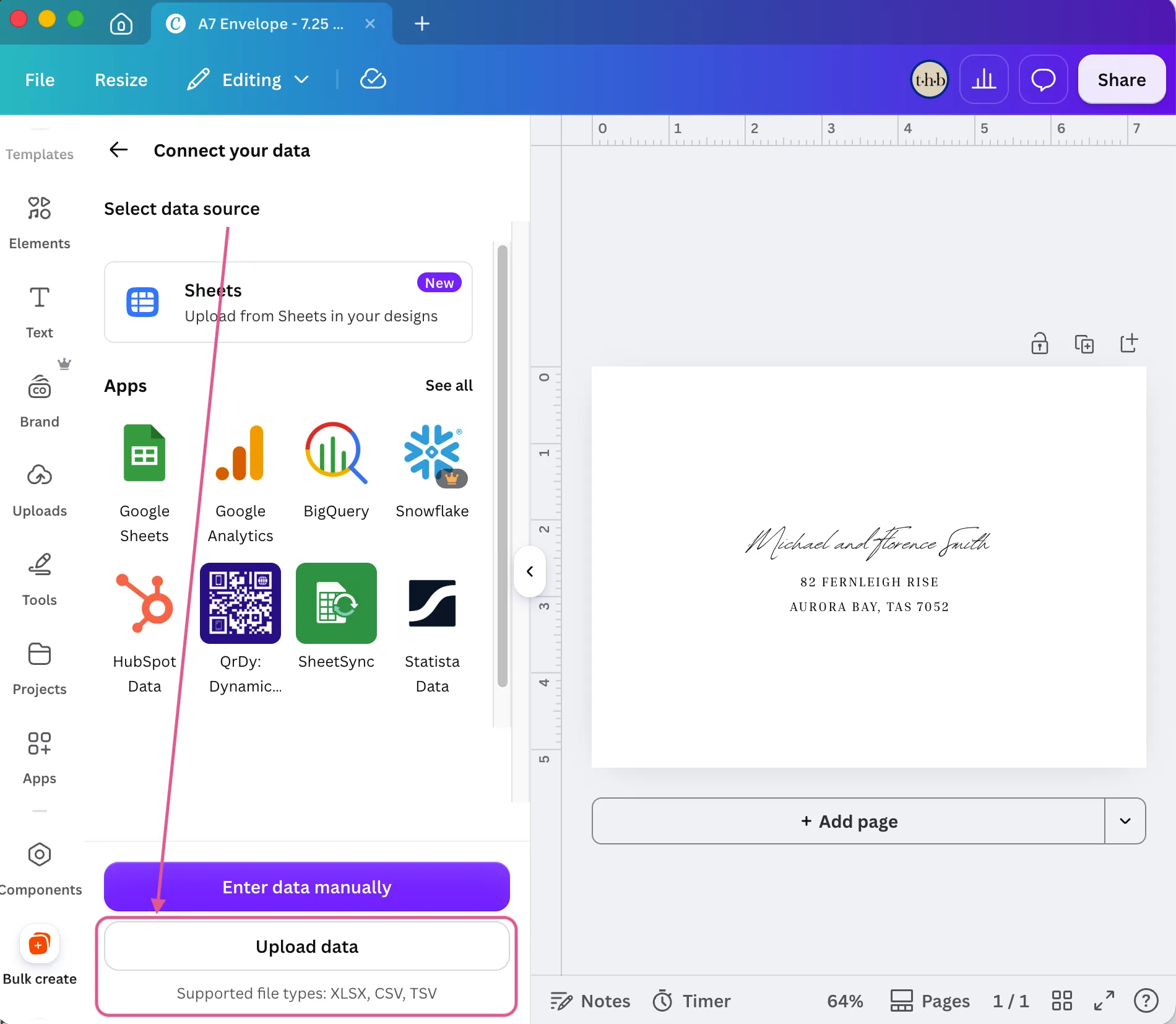 Canva’s Connect your data panel with the Upload data button highlighted at the bottom.