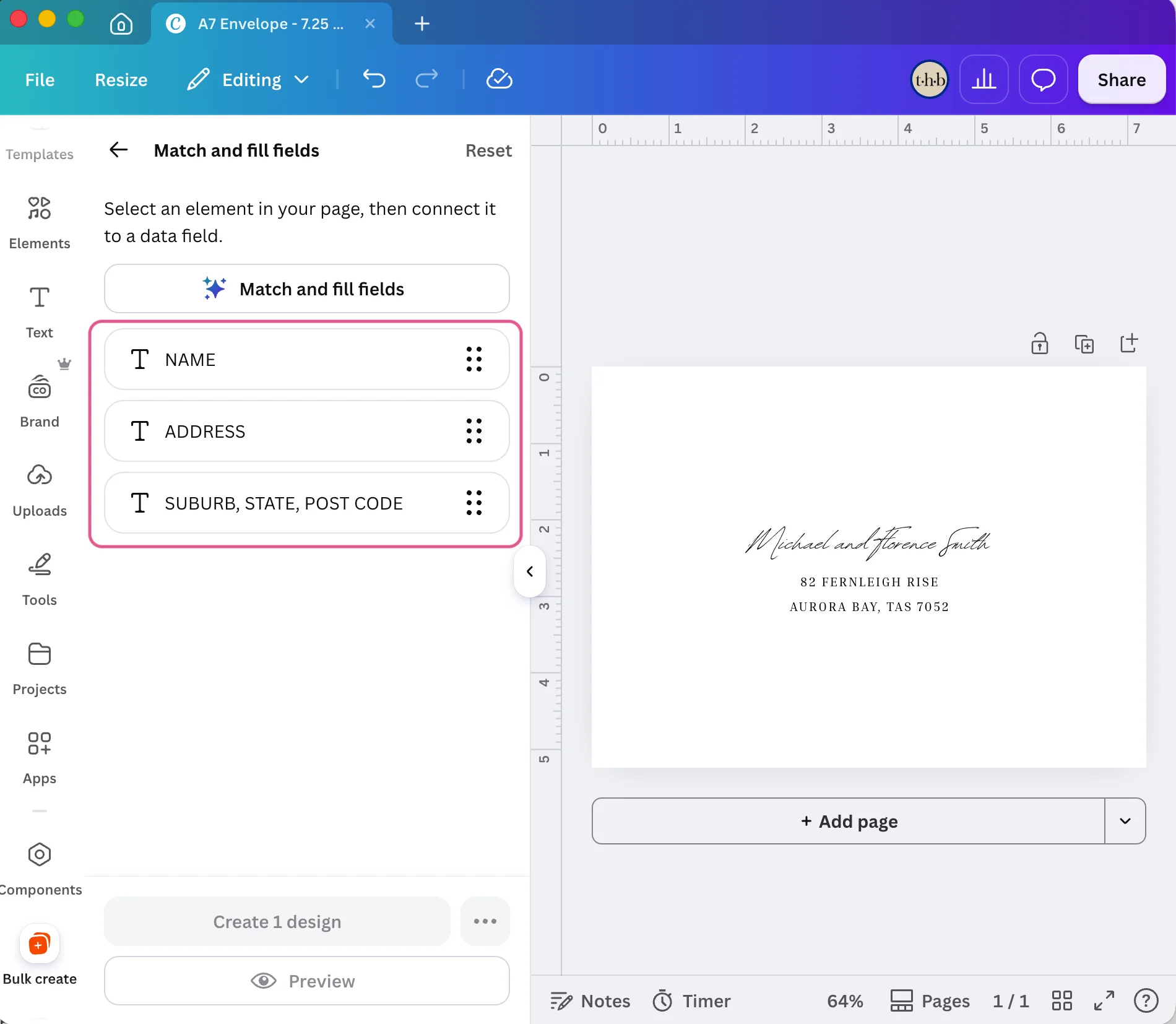 Canva’s Match and fill fields panel listing the NAME, ADDRESS, and SUBURB, STATE, POST CODE fields from the uploaded CSV.