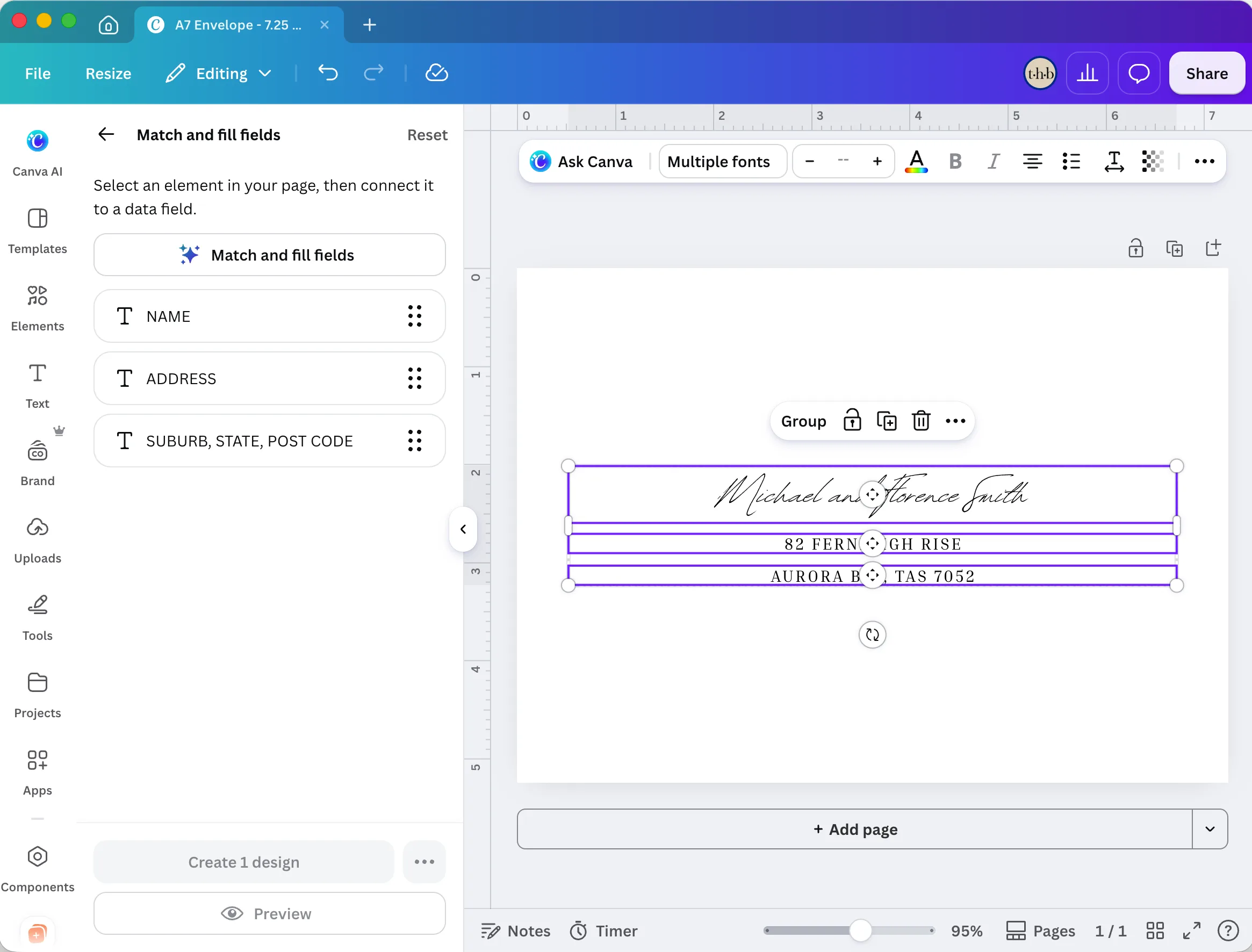 Envelope template with the name and address text boxes dragged out wide to the page margins.