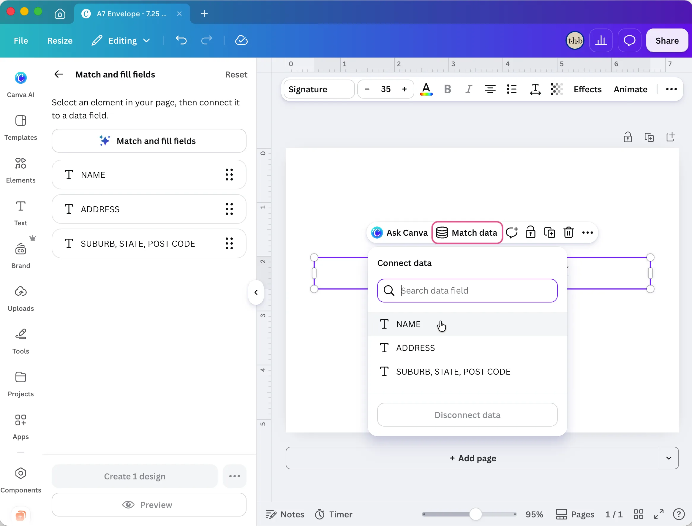 Connect data menu open on a text box, listing the NAME, ADDRESS, and SUBURB, STATE, POST CODE fields to choose from.