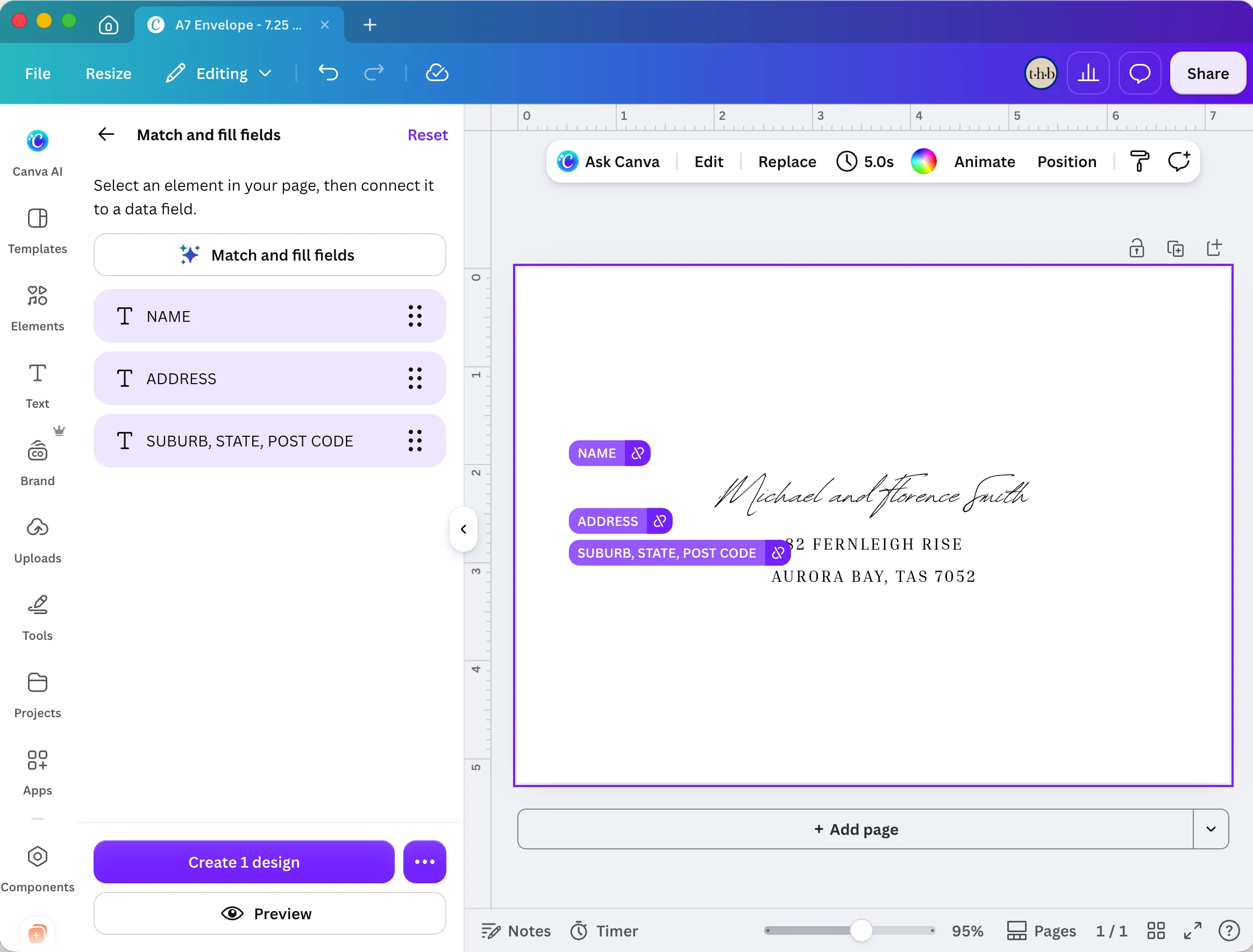 Envelope template with each text box labelled with its linked field and the Create 1 design button active.