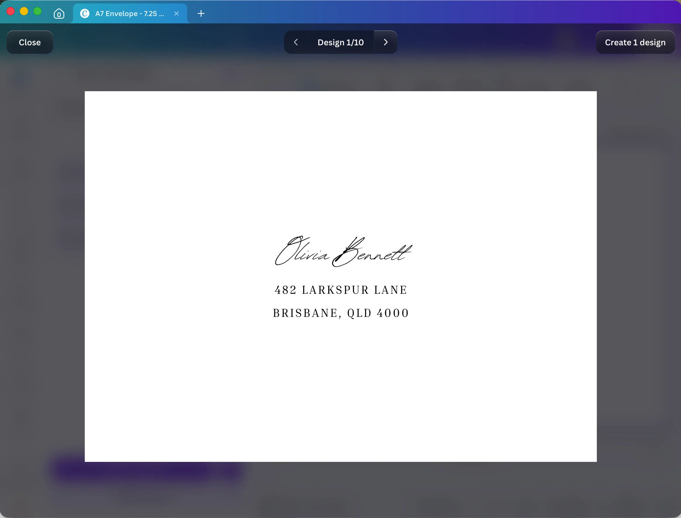 Bulk create preview screen showing Design 1 of 10, with a sample guest’s name and address on an envelope.