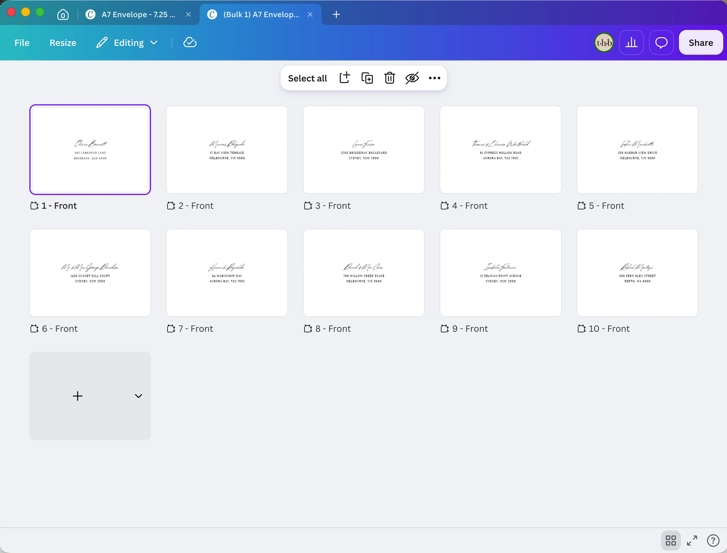 New Canva document showing ten envelope pages in a grid, each labelled Front, with a different guest address on each.