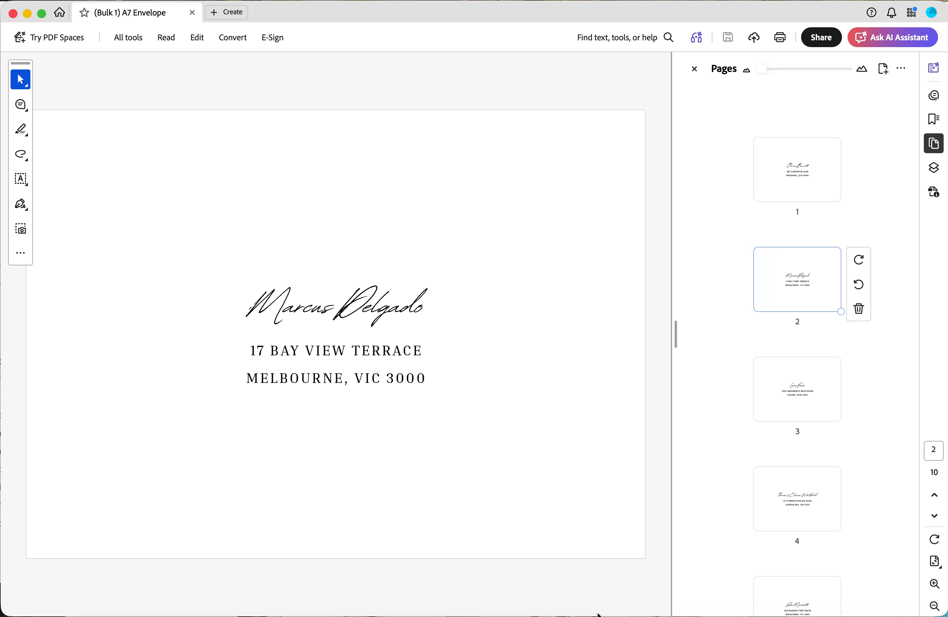 Ten-page envelope PDF open in a PDF viewer, showing one address per page with a page thumbnail list on the right.
