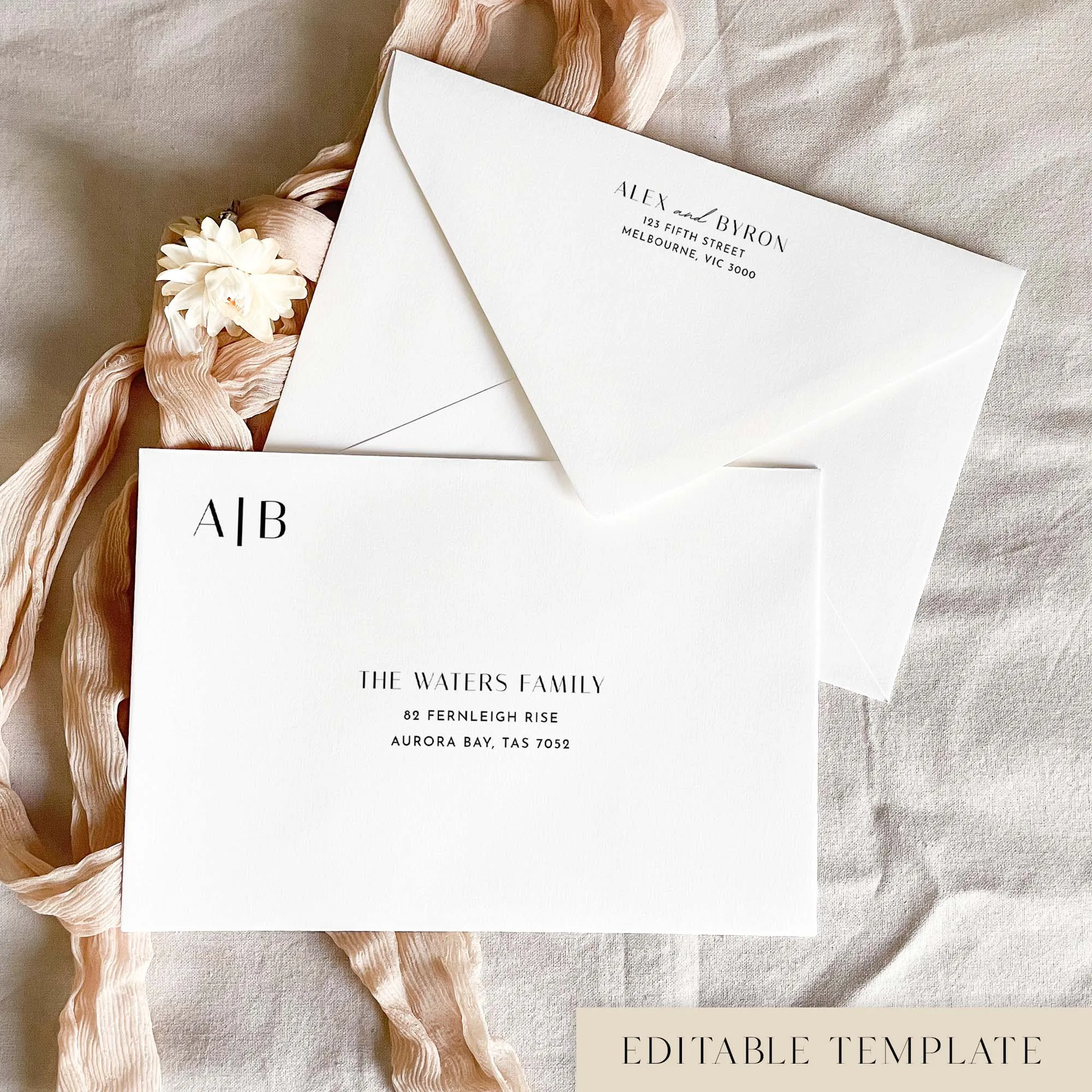 Editable wedding envelope address template on a linen background with a blush ribbon, showing a front with an “A|B” monogram and guest address, and a back flap with a return address.