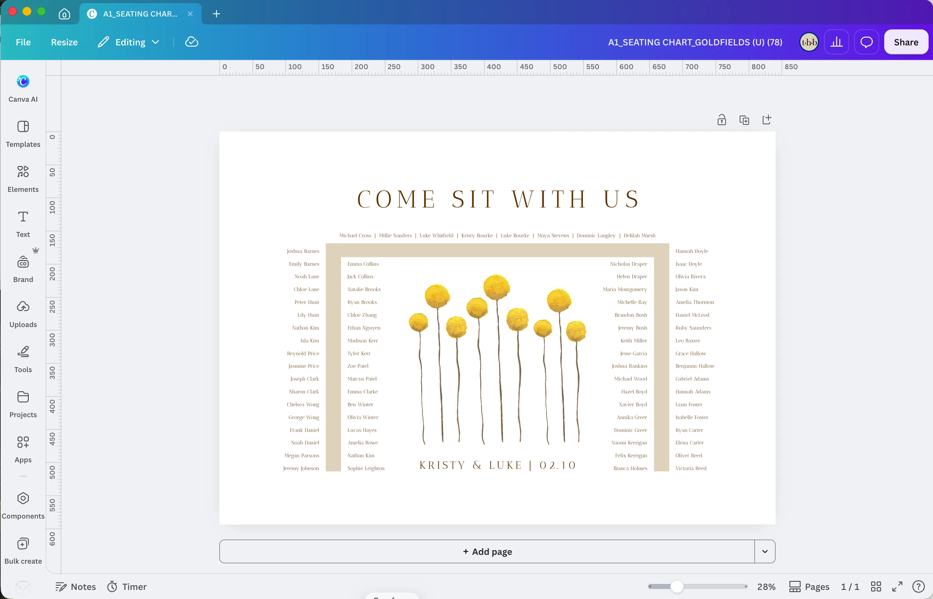 Editable U-shaped seating chart template open in Canva, with hand-painted billy buttons in the centre and guest names around the U.