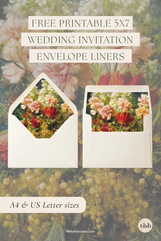 Free printable 5x7 envelope liner template with red tulips, pink carnations and yellow mimosa, shown in cream Euro flap and straight flap envelopes.