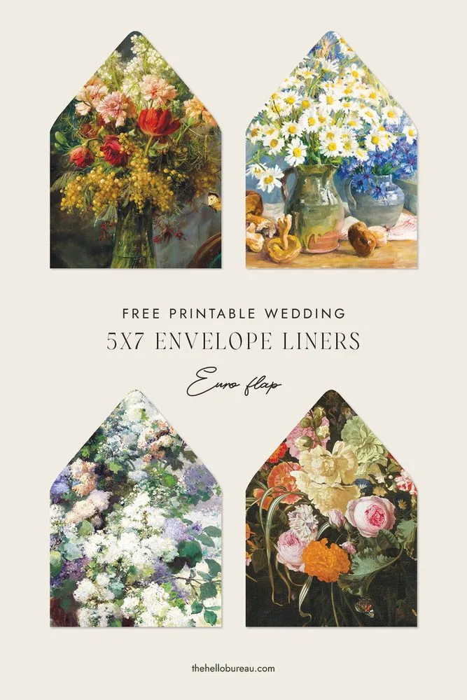 Free printable A7 envelope liner templates in a Euro flap shape, featuring four fine art floral designs.