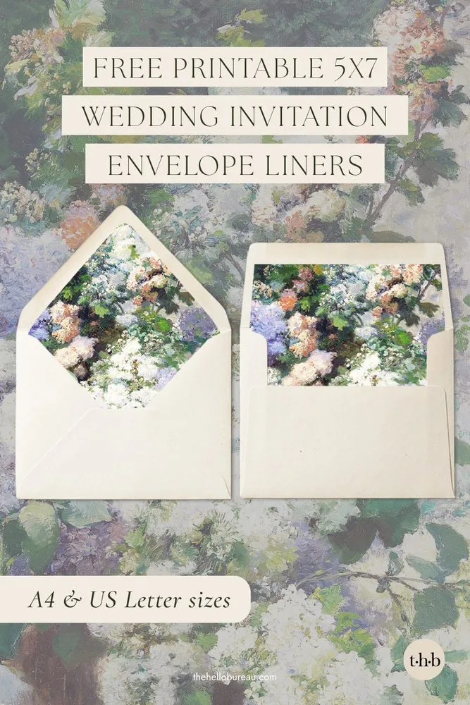 Free printable A7 envelope liner template with soft lilac and white blossoms in an impressionist style, shown in cream Euro flap and straight flap envelopes.