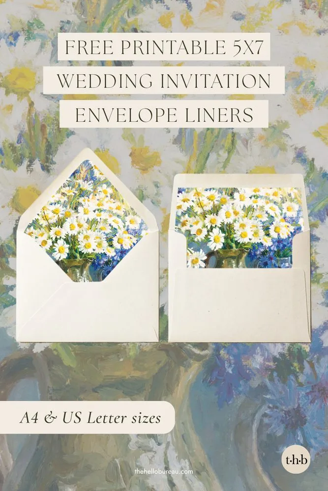 Free printable 5x7 envelope liner template with white daisies and blue cornflowers, shown in cream Euro flap and straight flap envelopes.