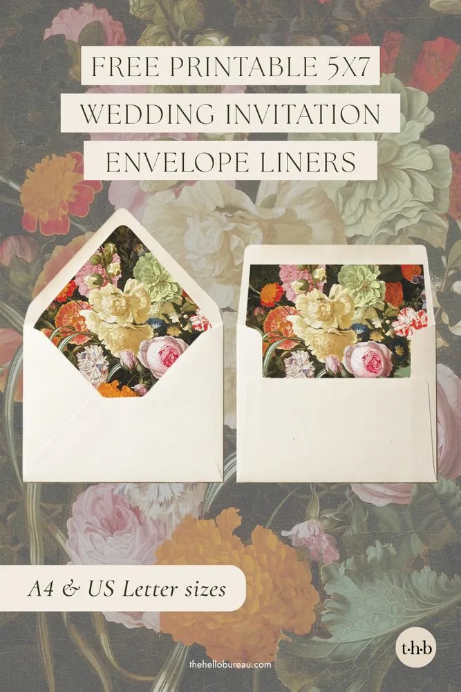 Free printable A7 envelope liner template with pink roses and orange marigolds on a dark background, shown in cream Euro flap and straight flap envelopes.