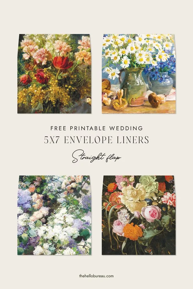 Free printable 5x7 (A7) envelope liner templates in a straight flap shape, featuring four fine art floral designs.