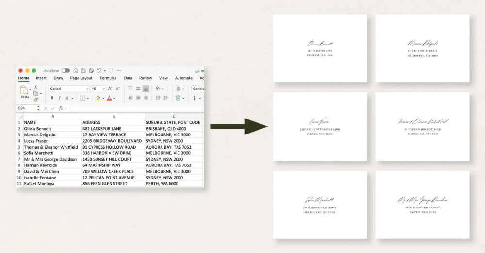 Spreadsheet of guest names and addresses with an arrow pointing to six envelopes addressed in bulk.