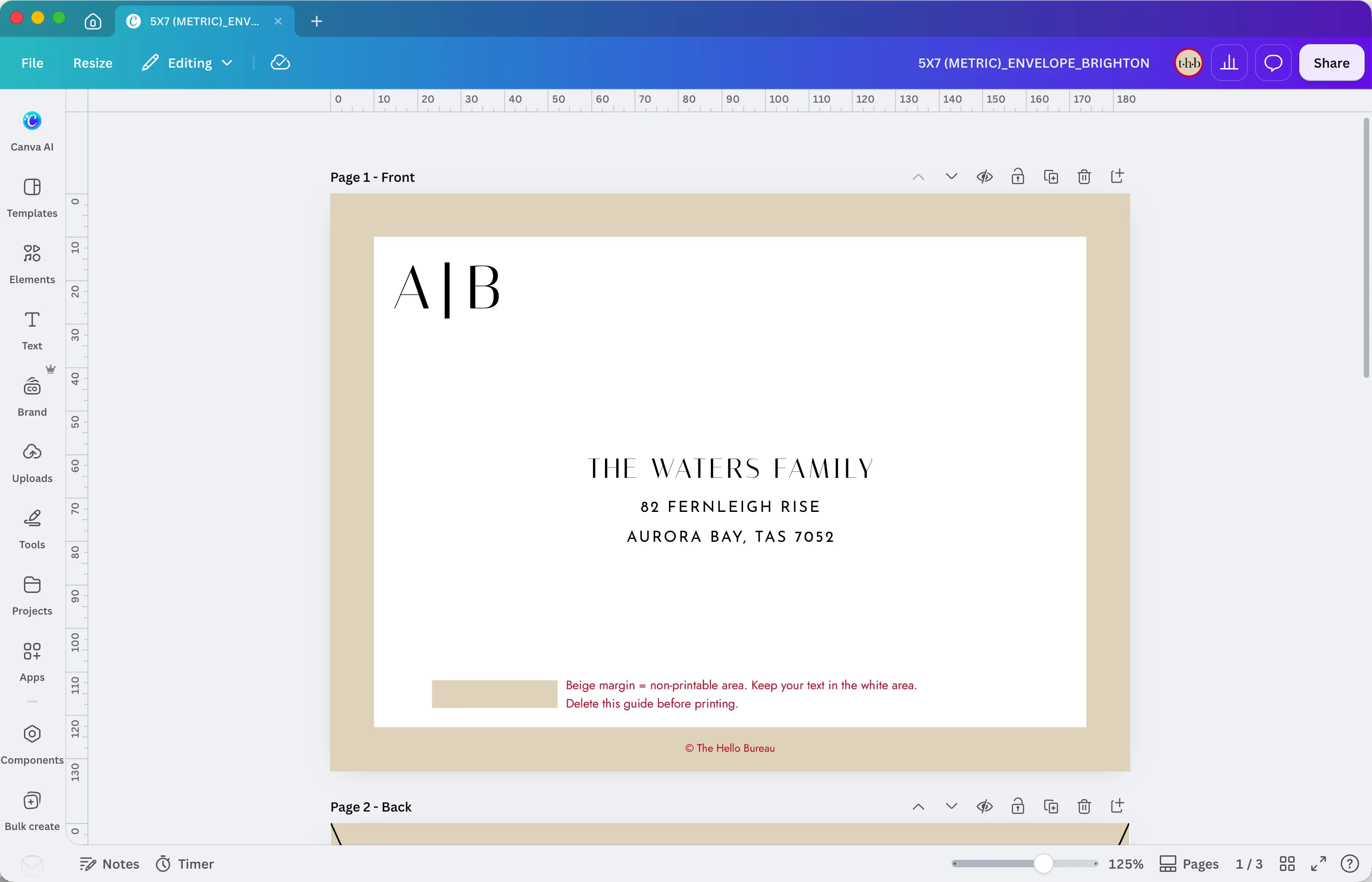 Envelope address template open in Canva, with a beige margin guide marking the non-printable area around the address.